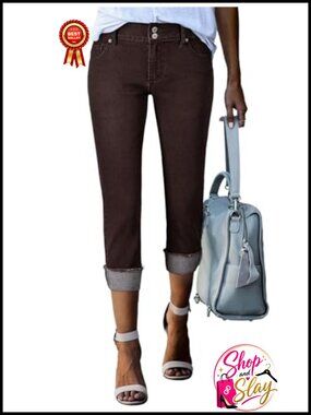High Waisted Skinny Capri Cropped Jeans Frayed Hem Stretch Cotton Blend